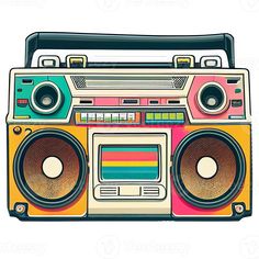 an old school boombox with speakers on the front and side, painted in bright colors