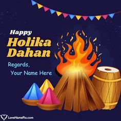 happy holika dahan greeting card with fire and colorful powders on dark blue background