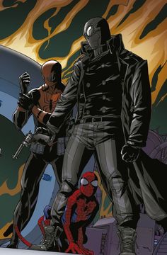 the cover to spider - man and deadpool, with an image of two men in black