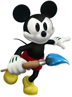 the mickey mouse character is holding a paintbrush and pointing to something in his right hand