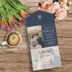 a wedding program on top of a wooden table next to flowers and a cup of coffee