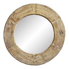 a round mirror made out of wood on a white background