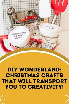 a basket filled with lots of christmas items next to a sign that says diy wonderland crafts that will transport you to creativity