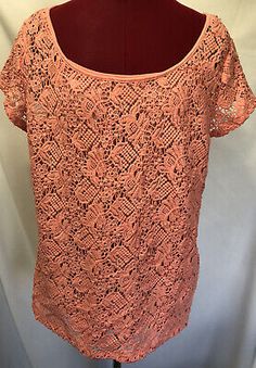 French Laundry Womens Size Large Coral Floral Lace/Crochet Blouse Short Sleeve | eBay Crochet Lace Top With Short Sleeves, Fitted Short Sleeve Crochet Top For Summer, Casual Crochet Short Sleeve Blouse, Fitted Lace Top With Crochet Trim And Short Sleeves, Fitted Summer Blouse With Crochet Trim, Fitted Crochet Lace Blouse For Summer, Fitted Blouse With Crochet Trim For Summer, Summer Crochet Lace Top With Short Sleeves, Spring Crochet Lace Top With Short Sleeves