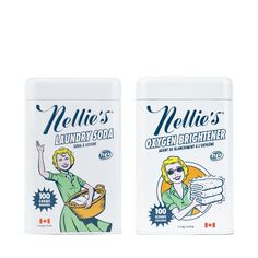 two boxes of mellie's laundry soaps on a white background, one with an image of a woman holding a baby in her arms