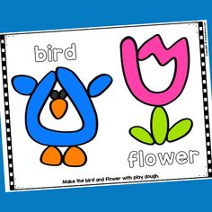 a blue and pink bird with the words flower on it's side, next to another