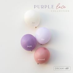 three balloons with the words purple lace on them are shown in different colors and sizes