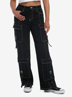 Every girl needs pants with tons of pockets! These black pants feature white contrast stitching throughout and cargo pockets down the legs with grommet buckle strap detailing. Complete with hip and back pockets.97% cotton; 3% spandexWash cold; dry lowStretchy materialImported Wide Leg Pants Jeans, Black Cargo Pants, Girl Needs, Black Cargo, Hoodie Girl, Pants Straight, Contrast Stitch, Girls Jeans, Every Girl