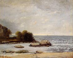 an oil painting of the ocean with rocks in the foreground