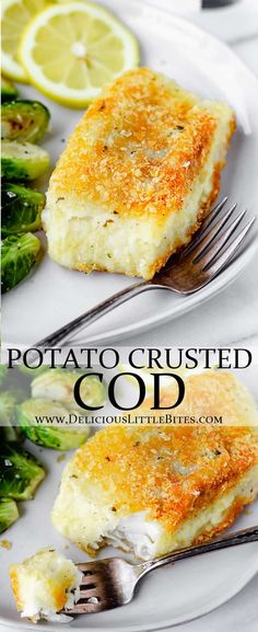 two plates with food on them and the words potato crusted cob