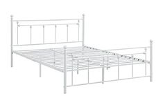 a white metal bed frame with headboard and foot board on an isolated white background