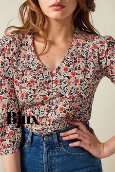 Bjux - Elegante blusa vintage de lunares con detalles de volantes y mangas de siete octavos Flower Sleeve, Retro Stil, Floral Style, Shirt Top, Shirt Sleeves, Dress Length