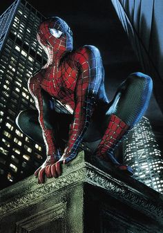 the amazing spider - man is on top of a building in front of city lights