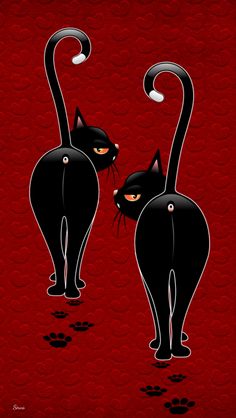 two black cats standing next to each other on a red background with paw prints in the foreground