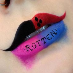 21 Insanely Intricate Lip Art Looks for Halloween Beauty | Brit + Co Harley Quinn Make-up, Fantasy Make-up, Harley Quinn Makeup, Halloweenský Makeup, Make Up Designs, Lip Art Makeup, Halloween Beauty, Lipstick Designs, Halloween Eye Makeup