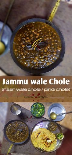 an image of food being cooked in pans on the stove with text overlay that reads jammu wale chole