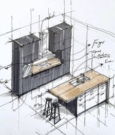 an architectural drawing of a kitchen with stools