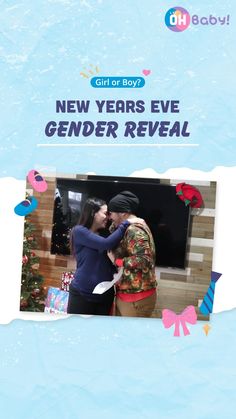 a man and woman embracing each other in front of a blue background with the words, girl or boy new years eve gender reveal