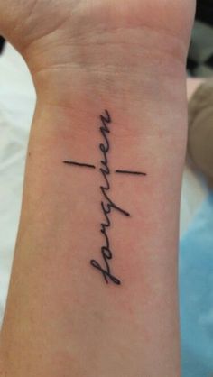 a wrist tattoo with the word faith written in cursive writing