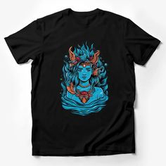 Fantasy Mermaid Art T-Shirt, Blue and Orange Siren Graphic, Nautical Ocean Theme Apparel, Women's Fashion Tee Male T-Shirt Custom graphic T-Shirt.Customize your color Fantasy Mermaid Art, Ocean T Shirt Design, Mermaid Shell Shirt, Ocean Graphic Tee, Ocean Tshirt, Trendy Beachwear, Mermaid Tshirt, Blue Short Sleeve T-shirt With Shark Design, Scripture Shirt