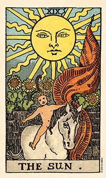 a tarot card with an image of a woman on a horse and the sun