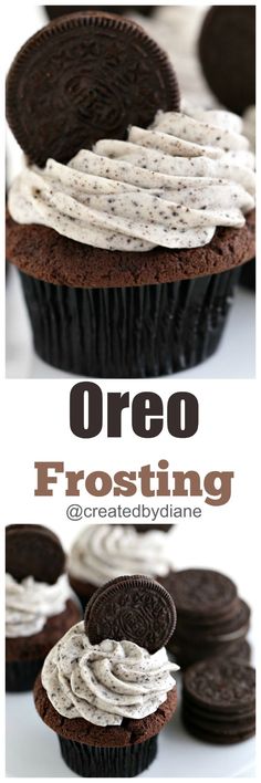 an oreo frosting cupcake with chocolate cookies on top and white frosting in the middle