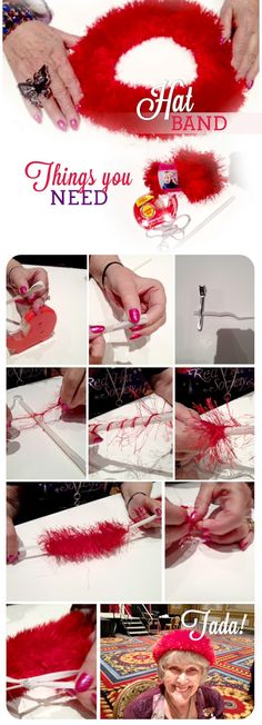 a woman is making something with red yarn