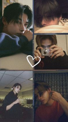 four different images of people taking pictures with their cell phones and one has a heart on it