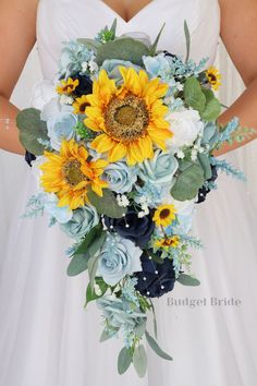 a bridal bouquet with sunflowers and succulents