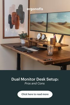 A dark wooden standing desk with a dual monitor setup in a modern home office Double Monitor Setup, Dual Monitor Desk, Monitor Setup, Dual Monitor Setup, Office Desk Set, Monitor Desk, Modern Office Interiors, Dual Monitor, Computer Setup