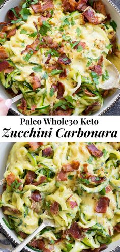 This paleo zucchini carbonara has a savory creamy sauce that you won't believe is dairy free!  Tossed with crisp bacon and low carb zucchini pasta, it's a healthy meal you'll want to make over and over again.  Paleo, Whole30 compliant, low carb, dairy free. #paleo #whole30 #keto Low Carb Dairy Free, Zucchini Carbonara, Courgette Pasta, Paleo Zucchini, Whole30 Keto, Whole30 Dinners, Dairy Free Paleo, Low Carb Zucchini, Zucchini Pasta