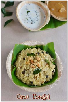 oats pongal served on banana leaves with yogurt