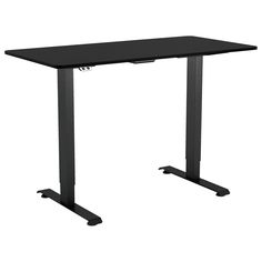 a black computer desk sitting on top of a metal frame stand up desk with wheels