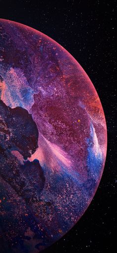 an image of the earth from space in purple and blue colors with stars around it