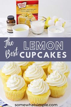 lemon cupcakes with white frosting on top and the title in the middle