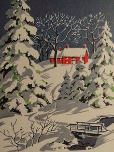 a painting of a red house in the snow