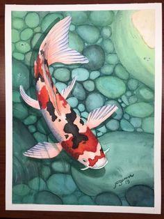 a watercolor painting of a koi fish swimming in green rocks and gravels