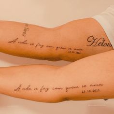 two arm tattoos with words written on them