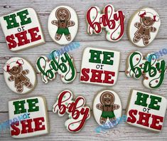 christmas cookies decorated with the words he or she and gingerbread men in red, green and white