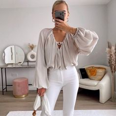 New With Tags. Asymmetric Hem, V-Neckline. Tops Online Shopping, Fashion Black And White, Plain Tops, Chiffon Long Sleeve, Solid Color Shirt, Fashion Elegant, Neutral Outfit, Plain Shirts, Fashion Black