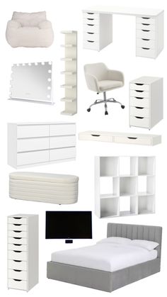 white bedroom furniture and accessories including a bed, desk, dresser, chair, mirror, bookshelf