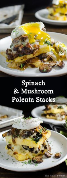 spinach and mushroom polenta stacks on a white plate with the title overlay