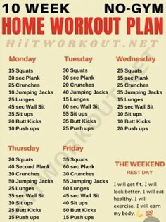 the 10 week no - gym home workout plan is shown in red and white text