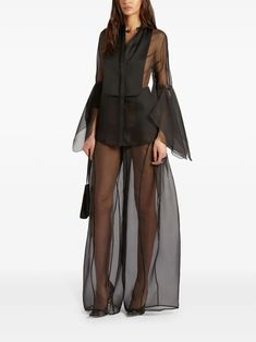 Genny Sheer Flared Trousers - Farfetch Sheer Outfits, Sheer Outfit, Black Sheer Blouse, Black Sheer Top, Flared Trousers, Long Puff Sleeves, Exclusive Fashion, Sheer Top, Sheer Blouse