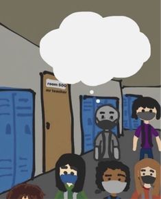 a group of people wearing masks standing in front of lockers with a thought bubble above them