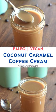 two jars filled with homemade coconut caramel coffee cream on top of a wooden table