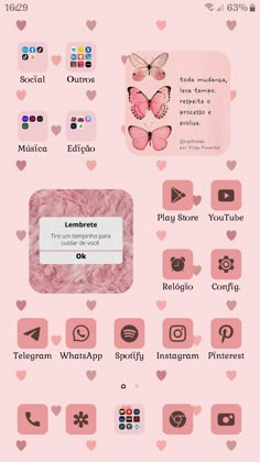 the pink theme for an iphone with hearts and butterflies on it, as well as other icons