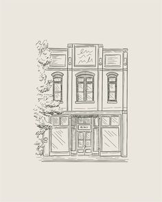 a black and white drawing of a building with trees on the corner, in front of it