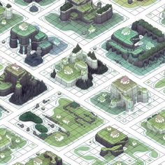 an illustrated city map with lots of trees and buildings