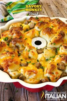 a casserole dish filled with sausage and cheese